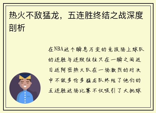 热火不敌猛龙，五连胜终结之战深度剖析