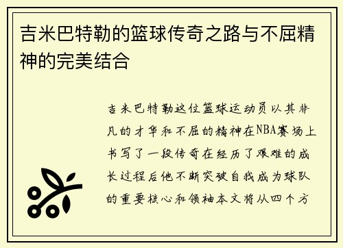 吉米巴特勒的篮球传奇之路与不屈精神的完美结合